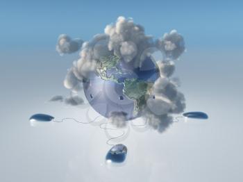 Computer Mice, earth and cloud Americas. 3D rendering