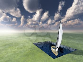 Landlocked Boat afloat in useless pool. 3D rendering