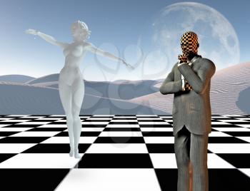 Surrealism. Businessman stands on chessboard. Woman's statue made of white stone. 3D rendering