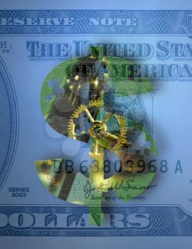 US dollars and cog wheel. 3D rendering