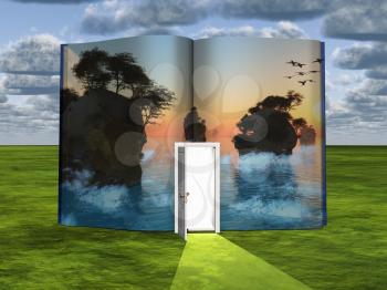 Surrealism. Book with opened door and islands at the dusk. 3D rendering
