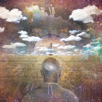 Surrealism. Figure of man on road to Heaven. Man in suit with galaxy inside his mind stands before field of wheat. 3D rendering