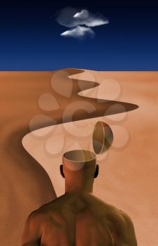 Man with open head in abstract desert. Surrealism. 3d rendering