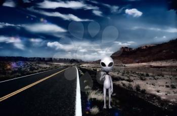 Alien stands on highway. Scifi art. 3d rendering