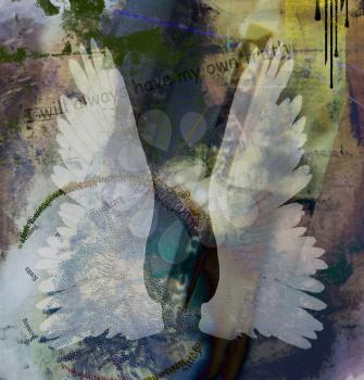 Modern spiritual abstract. Dark grunge background with angels wings. My Truth. 3D rendering