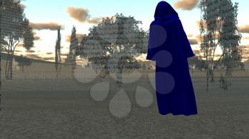 Mystic priest in surreal landsape. Paper trees with arabic text. 3D rendering