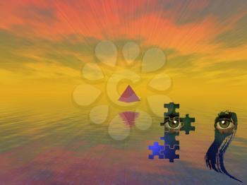 Symbolic composition. Pyramid and eyes in puzzle pieces. 3D rendering