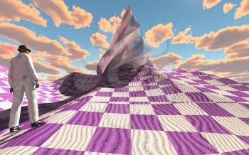 Man in white suit stands on checkered desert. Futuristic building buried in the sand. 3D rendering