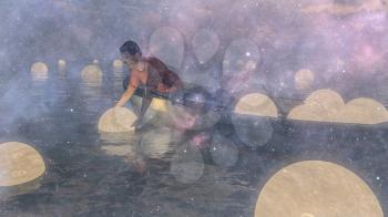 Moon catcher. Man in a boat. 3d rendering. 3D rendering