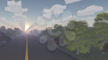 Road lined with trees and arrow shaped clouds. 3D rendering