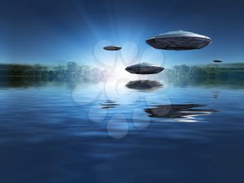 Flying saucers above water. Green forest surrounded by water. Shining at the horizon. 3D rendering