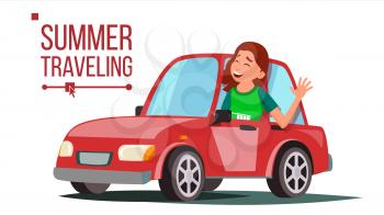 Woman Travelling By Car Vector. Girl In Summer Vacation. Driving Machine. Rides In The Car. Road Trip. Side View. Isolated Cartoon Illustration