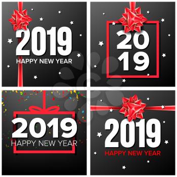 2019 Happy New Year Background Vector. Sign 2019. Modern Christmas Brochure. Seasonal Flyer. Black, Red Illustration