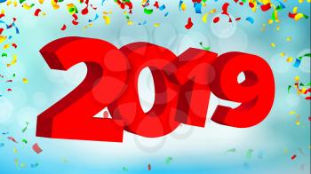 2019 3D Sign Vector. Sign Numbers 2019. Modern Christmas Brochure. Seasonal Flyer. Red. Happy New Year Background Illustration