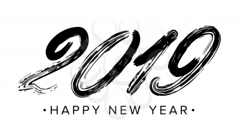 2019 Sign Vector. Grunge Calligraphy. Happy New Year. Flyer, Poster, Card, Brochure Design. Black Numbers Isolated On White Background Illustration