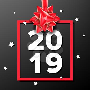 2019 Happy New Year Background Vector. Sign 2019. Bow. Greeting Card Design. Black, Red Illustration