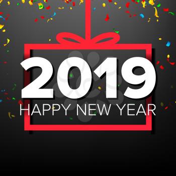 2019 Happy New Year Background Vector. Numbers 2019. Bow. Holiday New Year Celebration Banner, Card. Dark Illustration