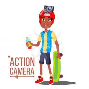 Child Boy With Action Camera Vector. Afro American Teenager. Red Helmet. Shooting Process. Active Type Of Rest. Isolated Illustration