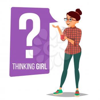 Thinking Woman Vector. Question Sign In Think Bubble. Female Think And Find Answer. Cartoon Character Illustration