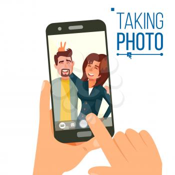 Taking Photo On Smartphone Vector. Smiling People. Modern Friends Taking Vertical Selfie. Hand Holding Smartphone. Camera Viewfinder. Friendship Concept. Isolated Flat Cartoon Illustration