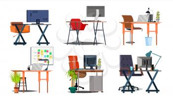 Office Workplace Interior Set Vector. Interior Of The Office Room, Creative Developer Studio. PC, Computer, Laptop. Trendy Office Desk Isolated Flat Illustration