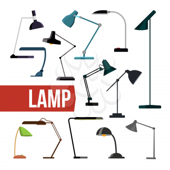 Lamp Set Vector. Table Desk Office Modern Lamps. Indoor Electricity Creative Modern Furniture Light. Home Bulb Decoration. Bright Energy Lantern Sign. Isolated Illustration
