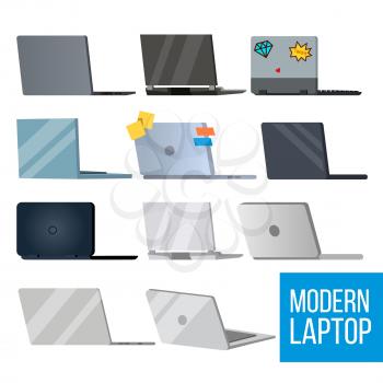 Laptop Set Vector. Modern Office Laptop Monitors. Office, Home, Laptop Screen, Digital Display. Types. Electronic PC Isolated Illustration