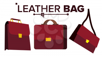 Leather Bag Vector. Office Brown Elegance Briefcase. For Male, Female. Cartoon Isolated Illustration