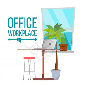 Office Workplace Concept Vector. Furniture Workplace For Boss. Developer Creative Studio Interior. Laptop Computer. Office Desk Illustration.