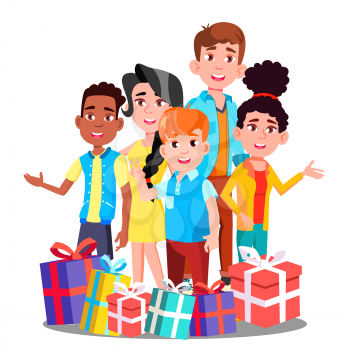 Happy Children With Many Christmas Gifts Vector. Illustration