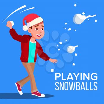 Child Boy In Santa Hat Playing Snowballs Vector. Isolated Illustration