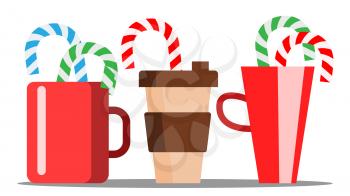 Cup Of Hot Coffee With Christmas Candy Sticking Out Vector. Isolated Illustration