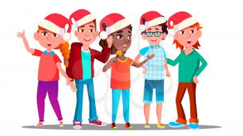 Children In Christmas Caps Singing Carol Vector. Isolated Illustration