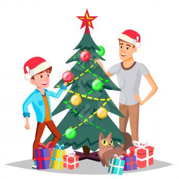 Father With Son Decorating A Christmas Tree Vector. Illustration