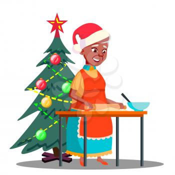 Elderly Woman Makes Christmas Cookies In The Kitchen Vector. Illustration