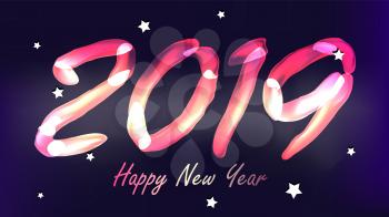 2019 Happy New Year Background Vector. Glow Neon Light. Christmas Poster, Greeting Card, Brochure, Flyer Template Design. Illustration