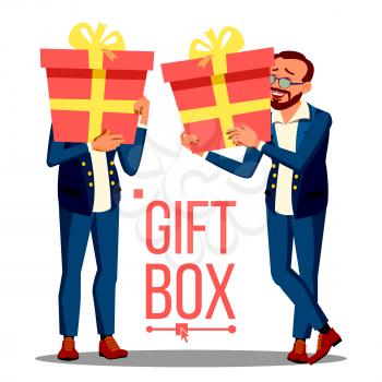 Business Man Holding Red Gift Box Vetor. Holidays Present Concept. Illustration