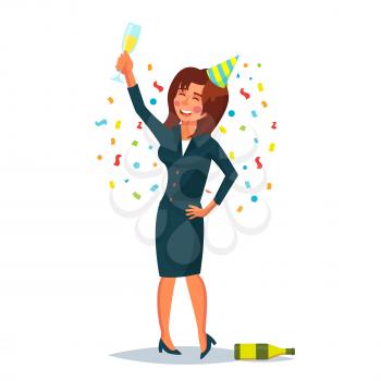 Drunk Office Woman Vector. Corporate Party. Funny Relaxing Concept. Business Party. Cartoon Character Illustration