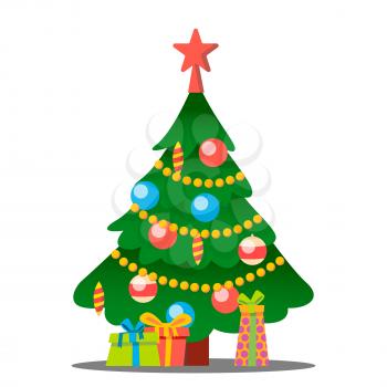 Christmas Tree With Gifts Vector. Merry Christmas And Happy New Year. Illustration