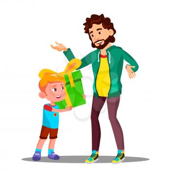 Little Son Gives Gift To Dad Vector. Illustration