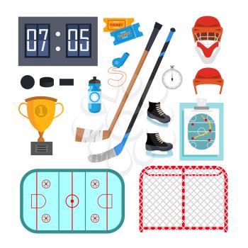 Ice Hockey Icons Set Vector. Ice Hockey Symbols And Accessories. Isolated Flat Illustration