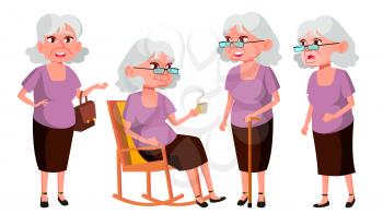 Old Woman Poses Set Vector. Elderly People. Senior Person. Aged. Active Grandparent. Joy. Web, Brochure, Poster Design Isolated Cartoon Illustration