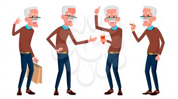 Old Man Poses Set Vector. Elderly People. Senior Person. Aged. Caucasian Retiree. Smile. Web, Poster, Booklet Design Isolated Cartoon Illustration