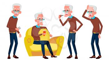 Old Man Poses Set Vector. Elderly People. Senior Person. Aged. Beautiful Retiree. Life. Card, Advertisement, Greeting Design Isolated Cartoon Illustration