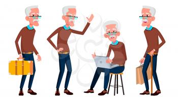 Old Man Poses Set Vector. Elderly People. Senior Person. Aged. Funny Pensioner. Leisure. Postcard, Announcement, Cover Design Isolated Cartoon Illustration