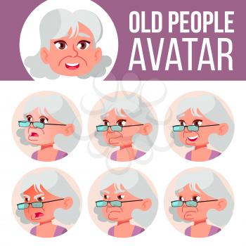 Old Woman Avatar Set Vector. Face Emotions. Senior Person Portrait. Elderly People. Aged. Life, Emotional. Cartoon Head Illustration