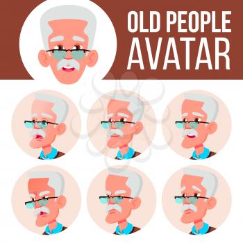 Old Man Avatar Set Vector. Face Emotions. Senior Person Portrait. Elderly People. Aged. Beauty, Lifestyle. Cartoon Head Illustration