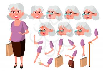 Old Woman Vector. Senior Person. Aged, Elderly People. Pretty. Face Emotions, Various Gestures. Animation Creation Set. Isolated Flat Cartoon Character Illustration