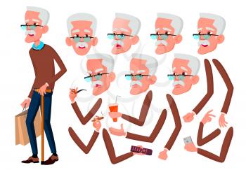 Old Man Vector. Senior Person. Aged, Elderly People. Active, Expression. Face Emotions, Various Gestures. Animation Creation Set. Isolated Cartoon Character Illustration