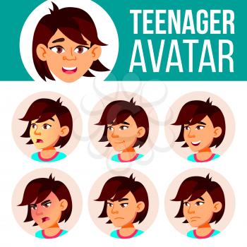 Asian Teen Girl Avatar Set Vector. Face Emotions. Expression, Positive Person. Beauty, Lifestyle. Head Illustration